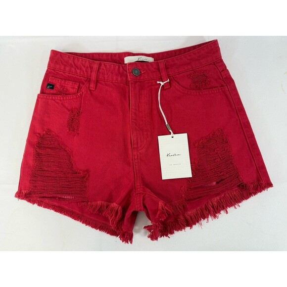 KanCan Pants - KanCan red high-rise distressed denim shorts with a raw frayed hem NWT Size Medi